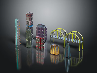 Colorful Architectural Models With Various Designs Including High Rise Buildings And Bridges On Black Background 3d model