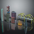 Colorful Architectural Models With Various Designs Including High Rise Buildings And Bridges On Black Background