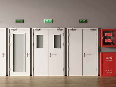 Fire Safety Equipment With White Fire Doors Green Emergency Exit Signs And Red Extinguisher Cabinets 3d model