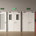 Fire Safety Equipment With White Fire Doors Green Emergency Exit Signs And Red Extinguisher Cabinets