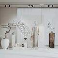 Modern Window Display With Beige Dress Mannequin Twig Decoration White Wooden Vases And Accessories