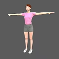Woman in Pink T-shirt and Gray Shorts with Arms Outstretched Against Gray Background 3d model