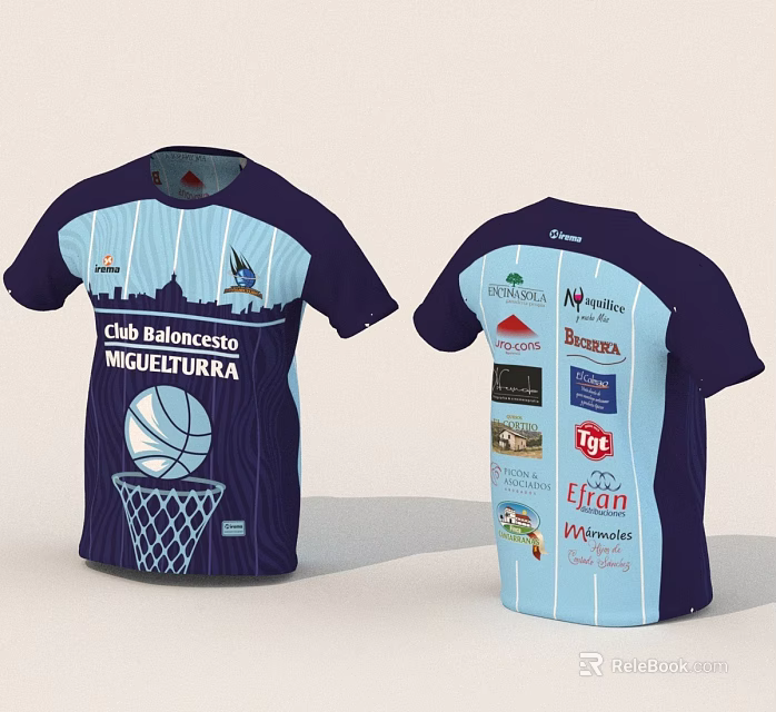 Club Baloncesto Miguelturra Basketball Jersey Front Back View Blue White Stripes Sponsor Logos Basketball Graphic 3d model 