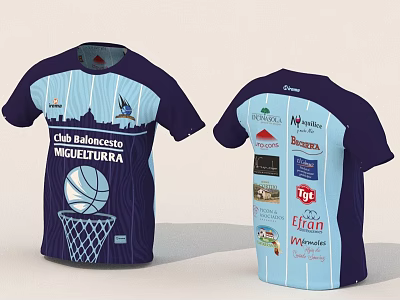 Club Baloncesto Miguelturra Basketball Jersey Front Back View Blue White Stripes Sponsor Logos Basketball Graphic 3d model