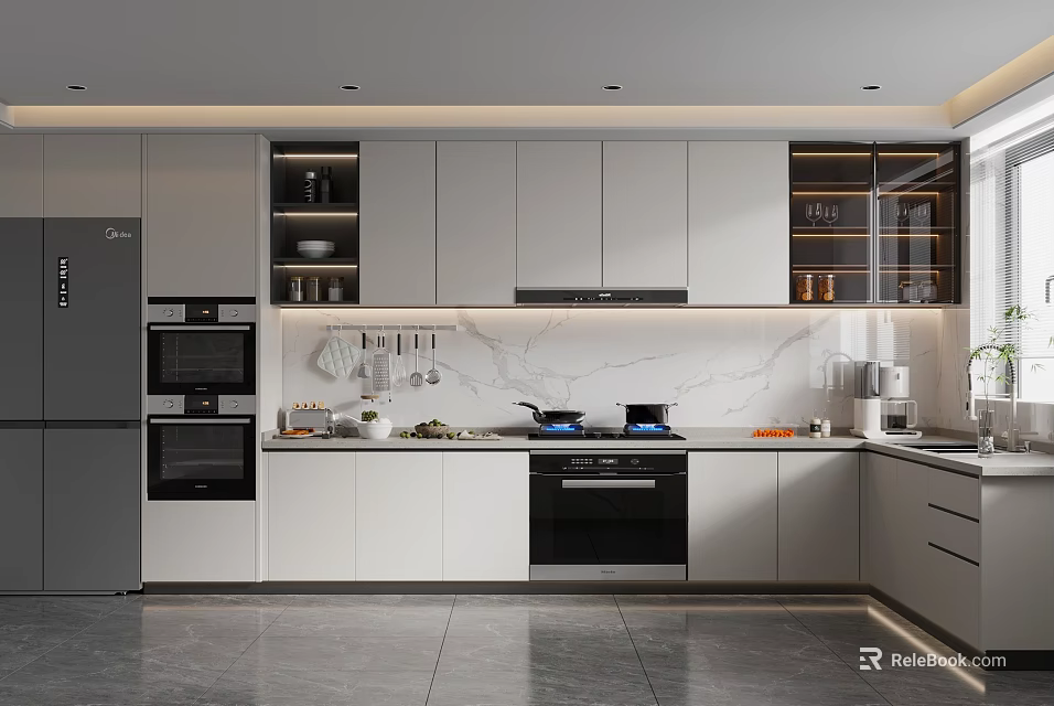 Modern Kitchen Interior With White Cabinets Marble Countertop And Built In Appliances 3d model 