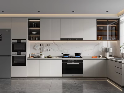 Modern Kitchen Interior With White Cabinets Marble Countertop And Built In Appliances 3d model