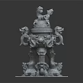 Ancient Stone Sculpture With Lion Figure And Mythical Creatures On Ornate Base