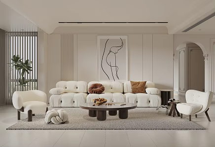 Simple Living Room Decorative Painting Sofa Coffee Table Combination Single Sofa Green Planting 3d model
