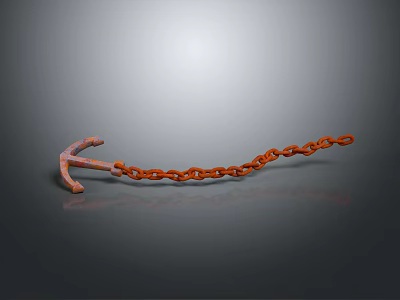 Rusty Metal Anchor With Extended Chain On Gray Reflective Background 3d model