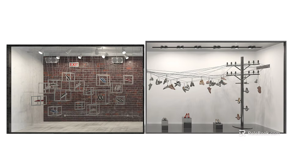 Window Display Featuring Red Brick White Walls Frames Hanging Items Display Stands And Lighting 3d model