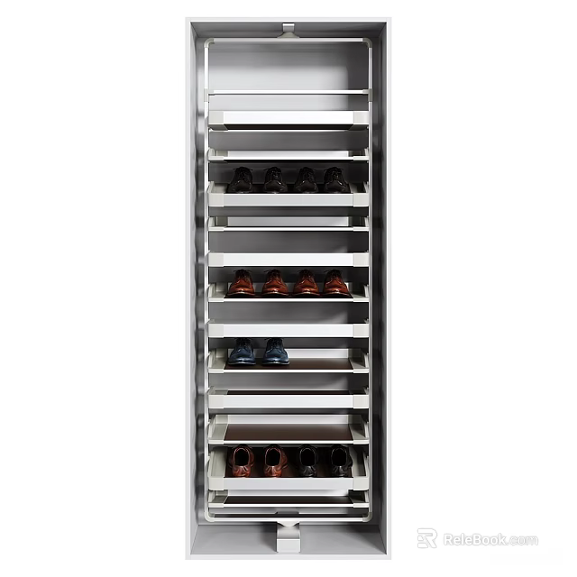 Tall Modern Shoe Cabinet With Multiple Shelves And Various Colored Shoes 3d model 