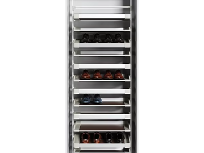 Tall Modern Shoe Cabinet With Multiple Shelves And Various Colored Shoes 3d model