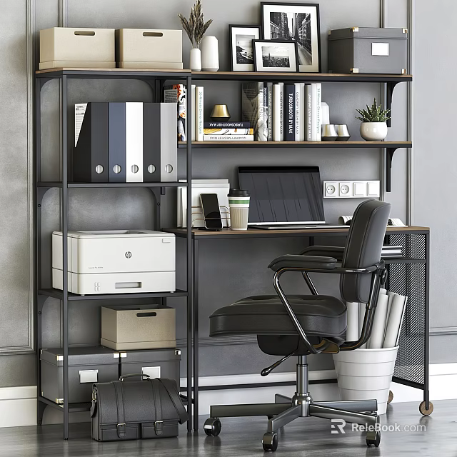 Modern Desk with Black Chair Laptop Coffee Cup Bookshelf Books Potted Plant and Printer 3d model 