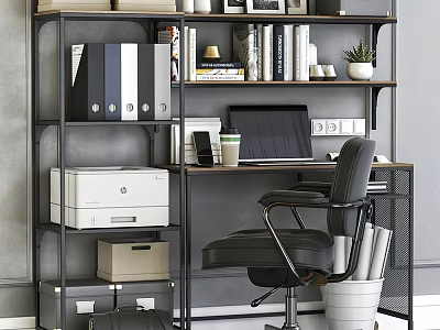 Modern Desk with Black Chair Laptop Coffee Cup Bookshelf Books Potted Plant and Printer 3d model