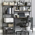 Modern Desk with Black Chair Laptop Coffee Cup Bookshelf Books Potted Plant and Printer
