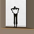 Black Human Shaped Sculpture Standing On Window Sill With Blinds Background And Light Stripes