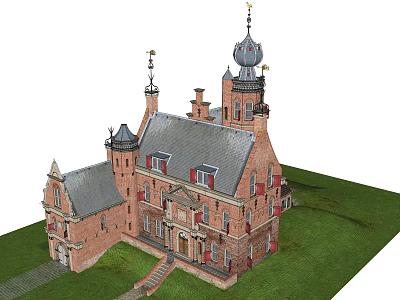 Red Brick Detached Villa With Spire Tower Gray Roof And Green Lawn 3d model