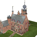 Red Brick Detached Villa With Spire Tower Gray Roof And Green Lawn
