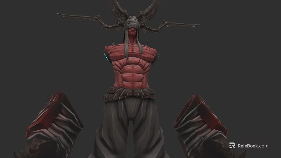 Detailed Red Skinned Muscular Creature Character With Horns Wings And Dark Pants 3d model 