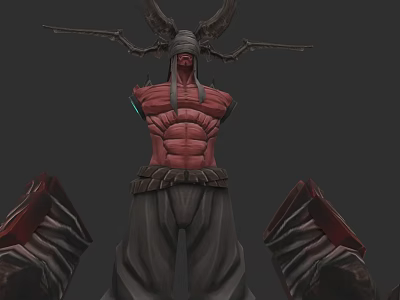 Detailed Red Skinned Muscular Creature Character With Horns Wings And Dark Pants 3d model