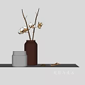 Brown Vase With Cotton Branches And White Jar On Minimalist Tabletop Decor