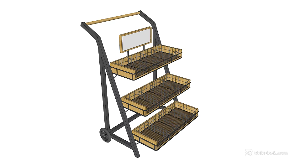 Three Tier Rolling Cart With Metal Frame Wooden Trays And Display Board 3d model 