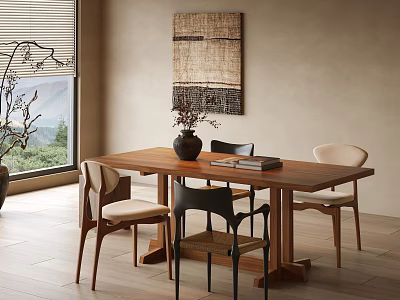 Natural Style Wooden Dining Table With Mixed Chairs Mountain View Window And Wall Art 3d model