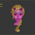 Cute Female Head Model With Pink Hair Black Devil Horns Blue Eyes And Red Lips
