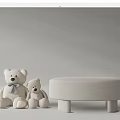 Stylish Upholstered White Round Footstool With Teddy Bears And Gray Bows