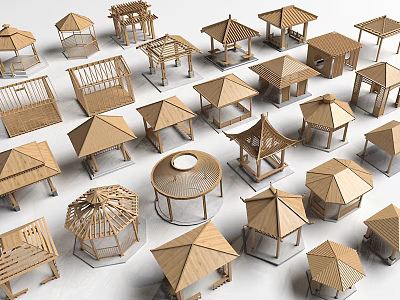 Assorted Wooden Pavilion Models With Diverse Roof Designs And Structures 3d model