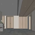 Modern Hotel Corridor Interior With Wooden Walls Decorative Panel Soft Lighting And Patterned Carpet