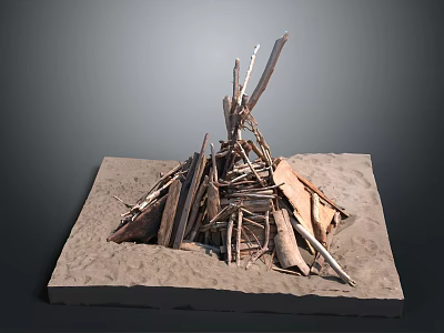 Garden Ornament Handmade Stacked Design with Natural Twigs and Planks on Square Sandy Base 3d model