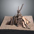 Garden Ornament Handmade Stacked Design with Natural Twigs and Planks on Square Sandy Base