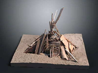 Garden Ornament Handmade Stacked Design with Natural Twigs and Planks on Square Sandy Base 3d model
