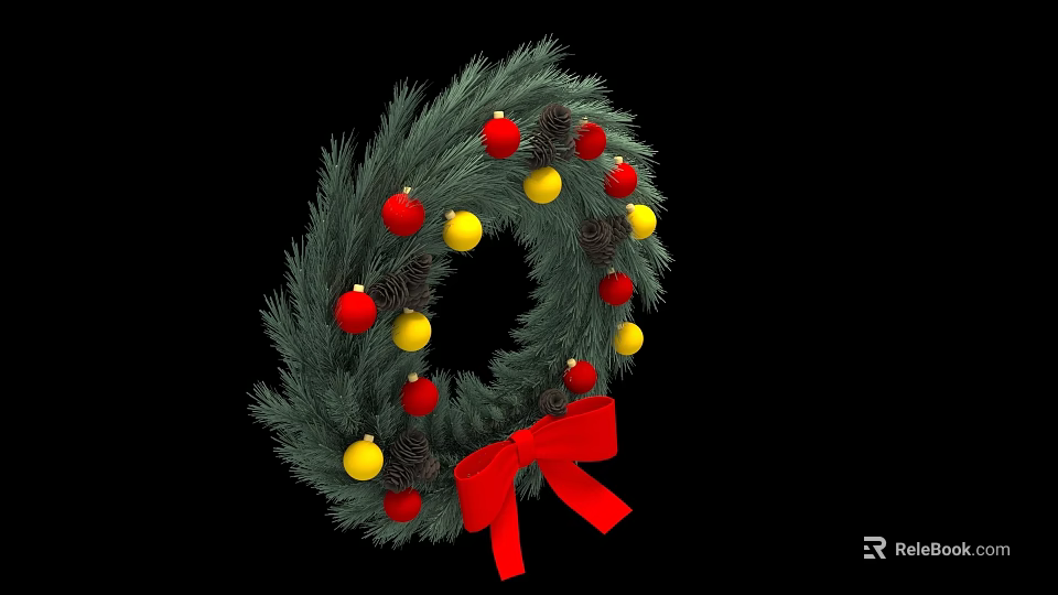 Christmas Wreath Ornament Set with Green Pine Branches Red Yellow Baubles and Red Bow 3d model 