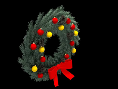 Christmas Wreath Ornament Set with Green Pine Branches Red Yellow Baubles and Red Bow 3d model