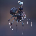 Blue Haired Fantasy Character Riding Spider Like Creature With White Face Paint Spiked Legs