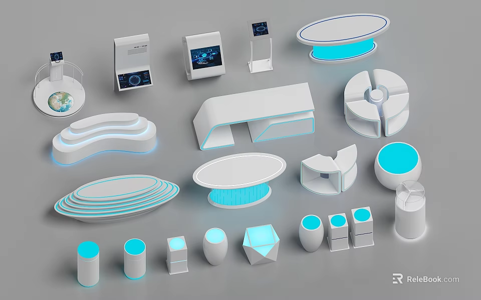 Modern Display Cabinets With Various Shapes Blue Lighting Curved Oval And Circular Structures 3d model