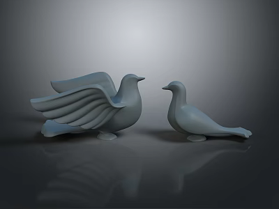 Two Elegant White Pigeon Sculptures on Dark Background With Reflections 3d model