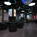 Interior Space With Hanging Planet Models Statues Of Characters Colorful Lights And Display Cabinets