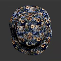 Stylish Blue Floral Pattern Bucket Hat with Decorative Logo and Colorful Design