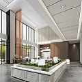 Modern Sales Office Interior With Large Windows Marble Display Counter Scale Model And Ceiling Lights