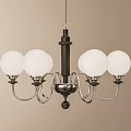 Modern Chandelier With Black Central Rod Silver Curved Arms And White Spherical Lampshades