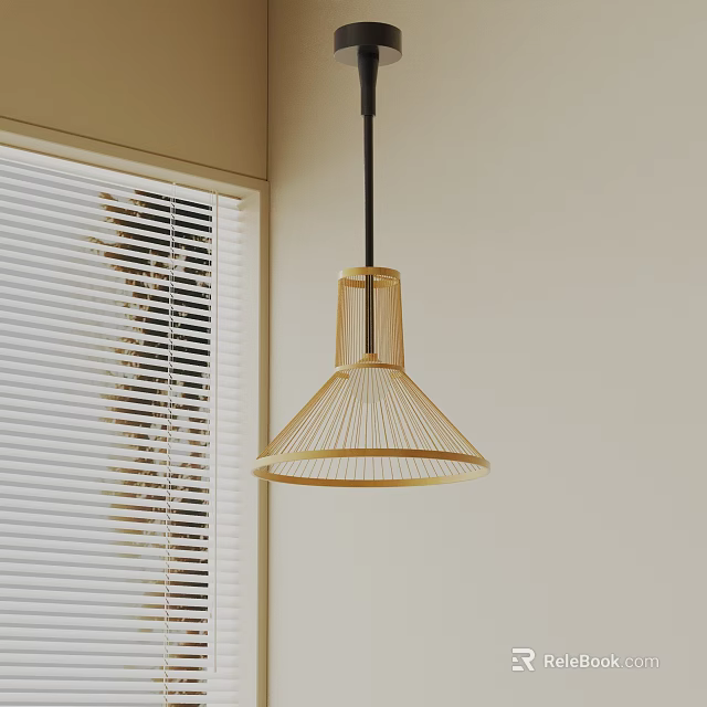 Bamboo Woven Pendant Light Hanging In Interior With Natural Light And Window Blinds 3d model 