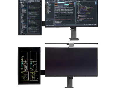 Computer Setup With Multiple Monitors On Stand Showing Code And Design 3d model