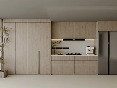 Modern Wooden Sideboard Cabinet Kitchen Design With Storage Refrigerator Stove And Plants 3d model