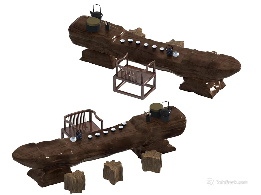 Rustic Wooden Log Decorative Structures With Wicker Baskets And Circular Items 3d model