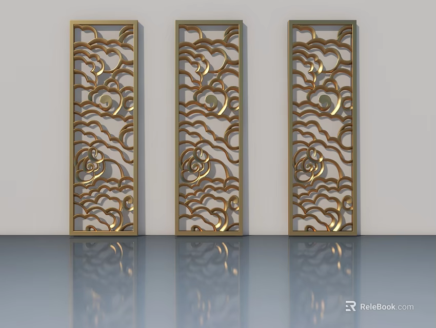 Three Golden Carved Panel Doors With Traditional Cloud Patterns For Interior Decor 3d model