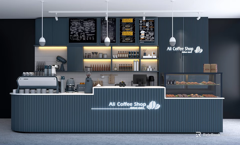 Modern Coffee Shop Interior With Bar Counter Menu Board Coffee Equipment And Pastry 3d model 