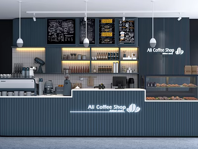 Modern Coffee Shop Interior With Bar Counter Menu Board Coffee Equipment And Pastry 3d model